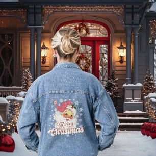 Merry Christmas Retro Typography Santa Pink Hat Denim Jacket