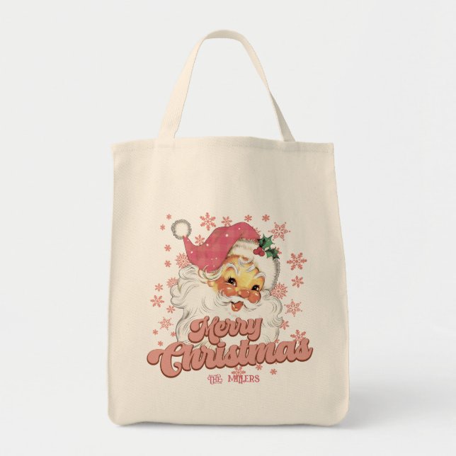 Merry Christmas Retro Typography Santa Pink Hat Tote Bag (Front)