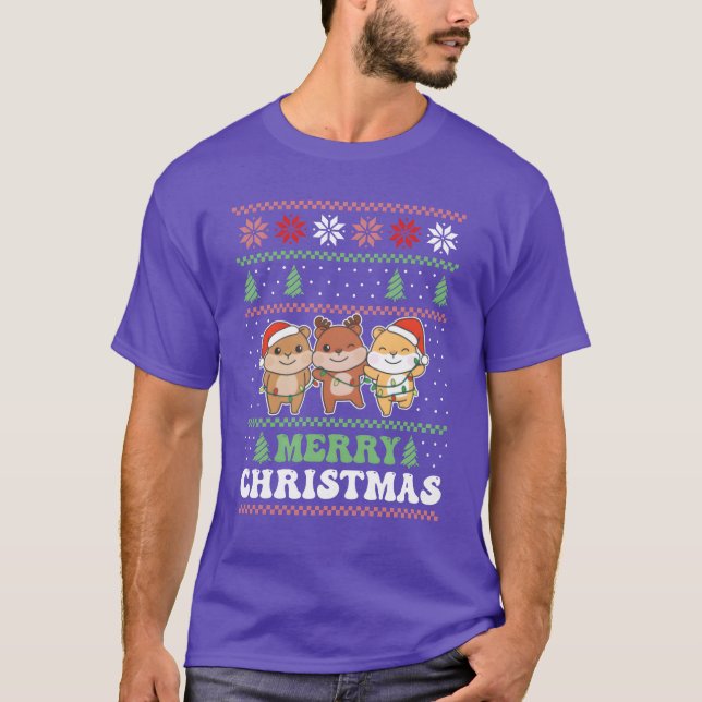 Merry Christmas Retro Ugly Christmas Hamster famil T-Shirt (Front)
