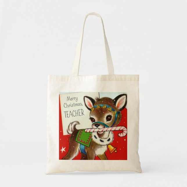 Merry Christmas retro vintage deer Teacher Tote Bag (Front)