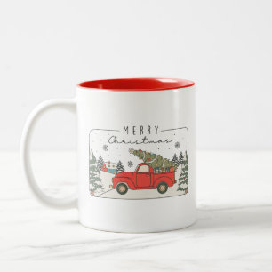 Merry Christmas Retro Vintage Red Truck with Tree  Two-Tone Coffee Mug
