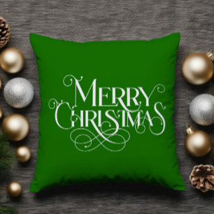 Merry Christmas Retro White Typography on Green Cushion