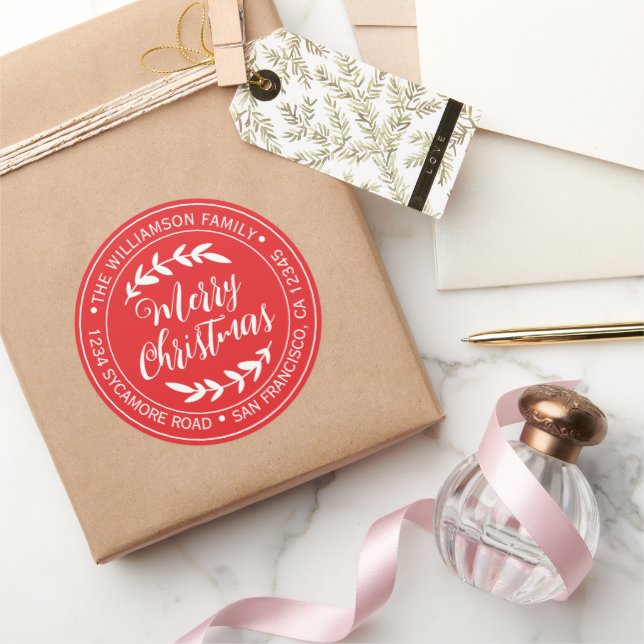 Merry Christmas Return Address Bright Red Classic Round Sticker (Gifting)