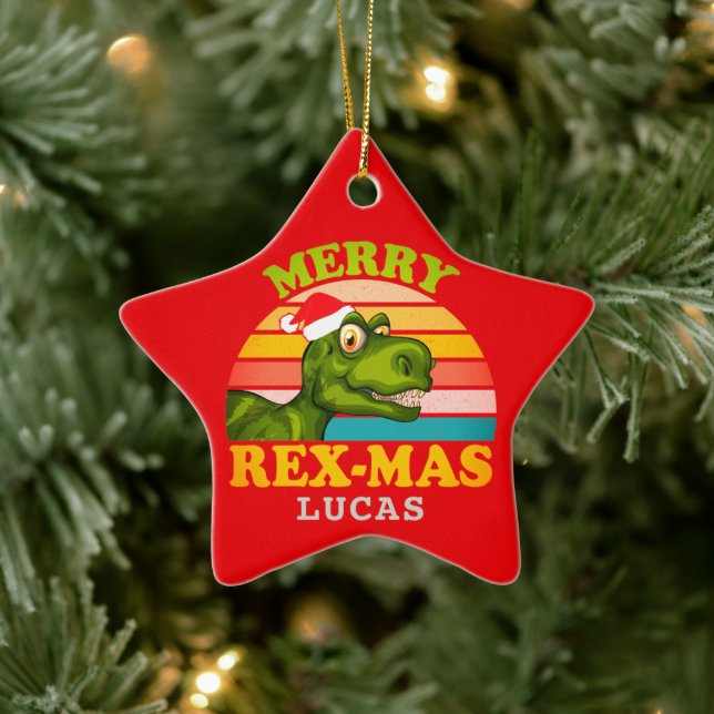 Merry Christmas Rex-mas Dinosaur Personalised Name Ceramic Ornament (Tree)