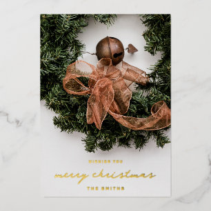 Merry Christmas Ribbon Bell Wreath Elegant Photo Foil Holiday Card