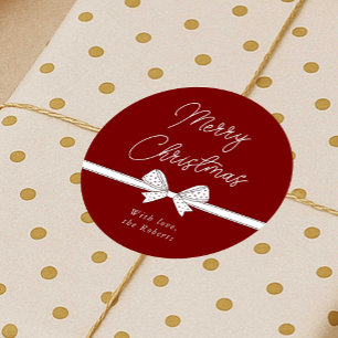 Merry Christmas Ribbon Handwritten Modern Red Classic Round Sticker