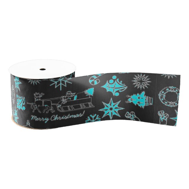 Merry Christmas Ribbon Santa Star Black Turquoise Grosgrain Ribbon (Spool)