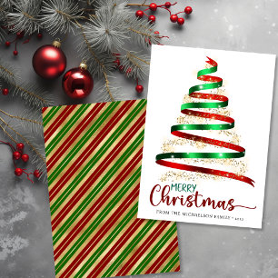 Merry Christmas Ribbon Tree Gold Glitter Holiday Card