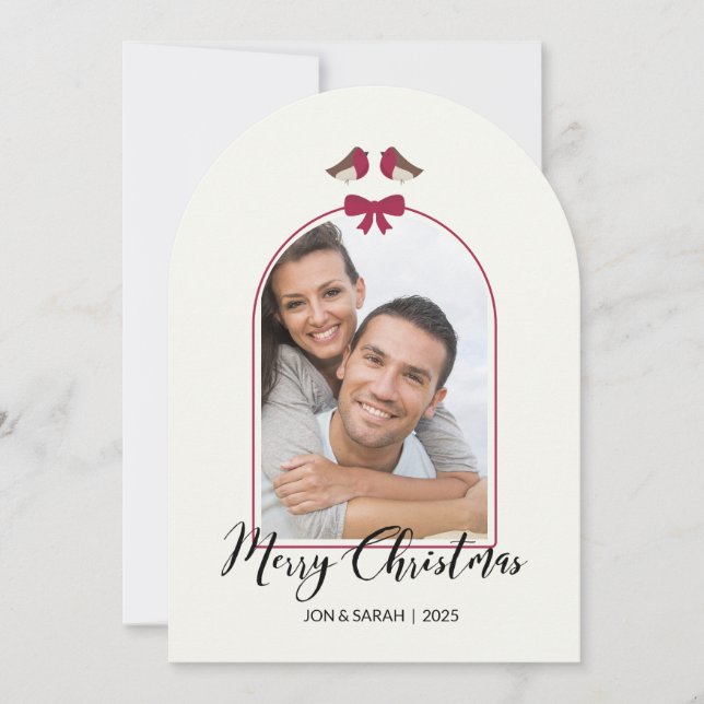 Merry Christmas Robins and Red Bow Arched Invitation (Front)