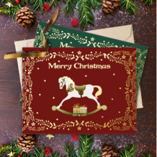 Merry Christmas Rocking Horse Gold Foil Postcard