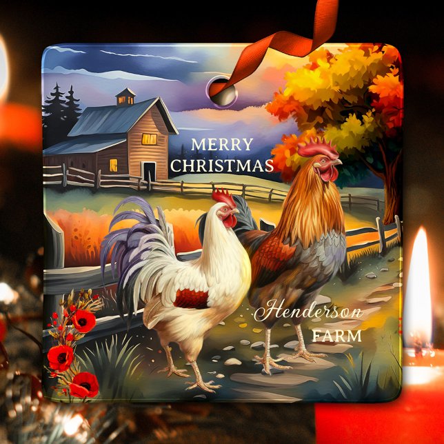 Merry Christmas Rooster Chicken Farm Ceramic Ornament (Christmas ornament featuring a colorful painting of a rooster and chicken on a country farm)