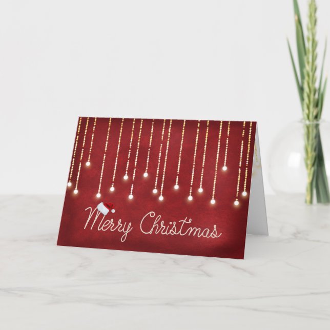 Merry Christmas rope design with lights on red Holiday Card (Front)
