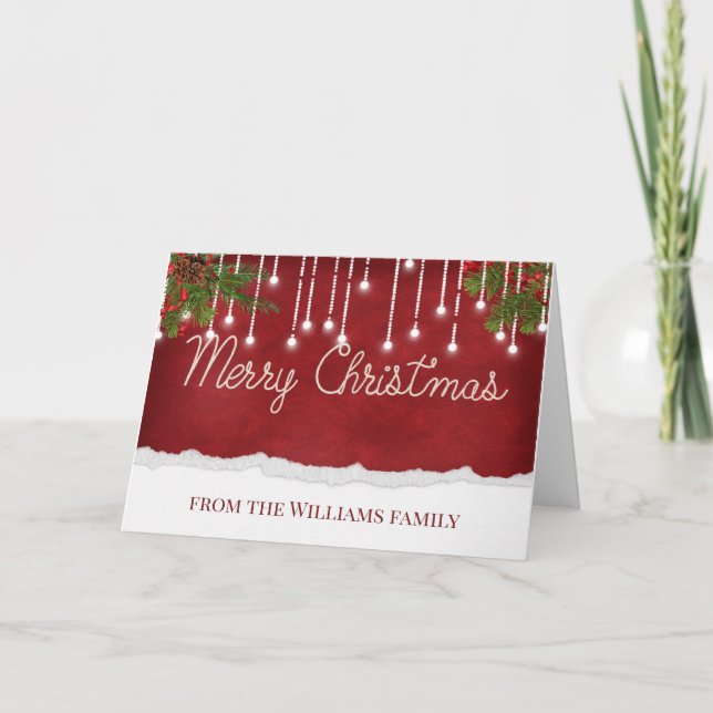 Merry Christmas Rope Text Lights and Pine Card (Front)
