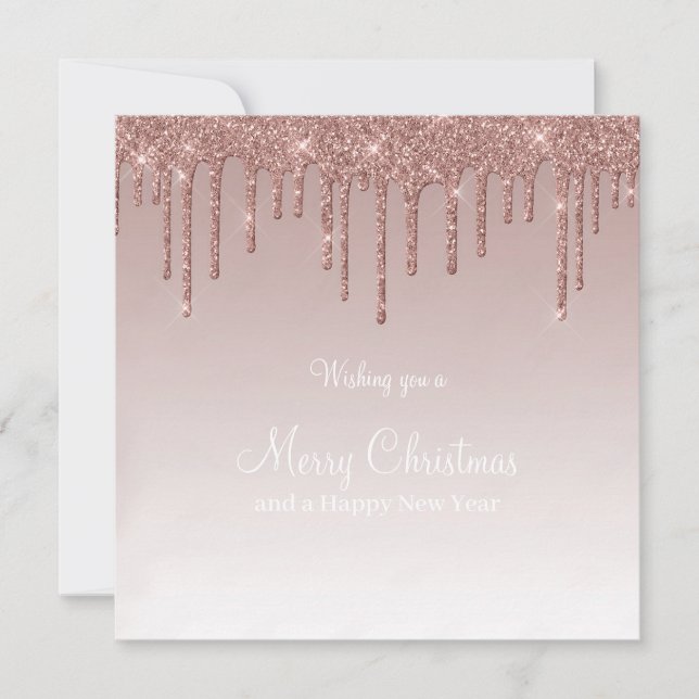 Merry Christmas Rose Gold Drip Glam Girl Holiday Card (Front)
