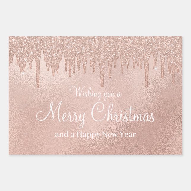 Merry Christmas Rose Gold Drip Glam Girl Wrapping Paper Sheet (Front)