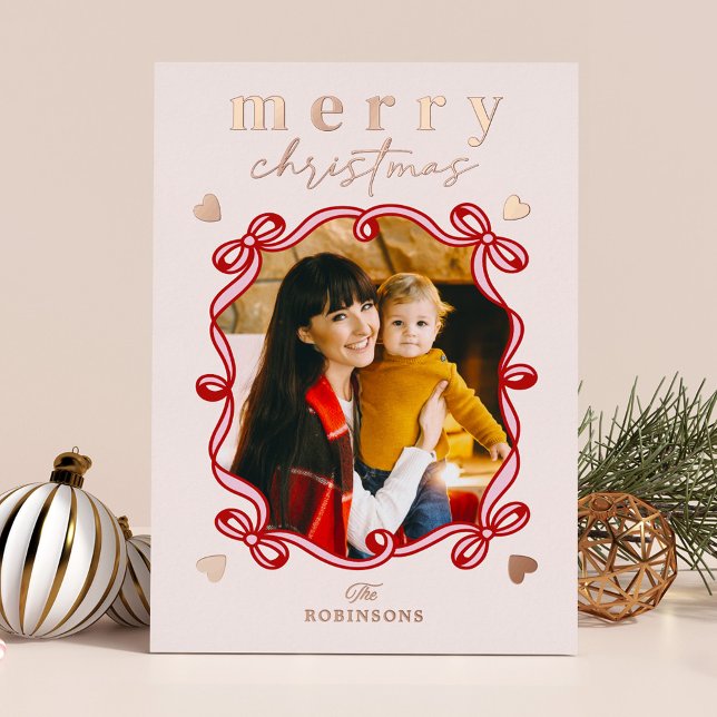 Merry Christmas Rose Gold Foil Ribbon Bow Photo Foil Holiday Card (Creator Uploaded)