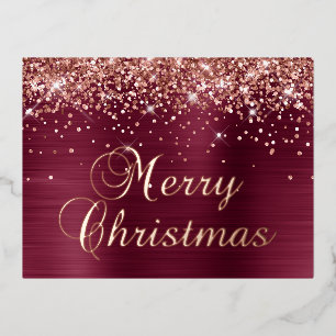 Merry Christmas Rose Gold Glitter Burgundy Red Foil Holiday Postcard