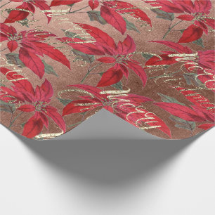 Merry Christmas Rose Gold Glitter Script Floral Wrapping Paper