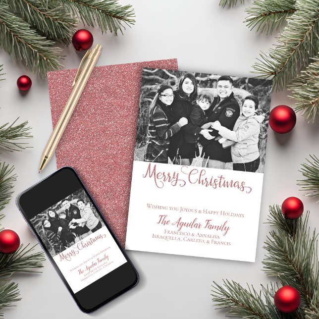 Merry Christmas Rose Gold Pink Faux Glitter Photo Holiday Card (Merry Christmas Rose Gold Pink Faux Glitter Photo Holiday Card)