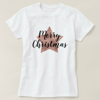 Merry Christmas Rose Gold Pink Star T-Shirt