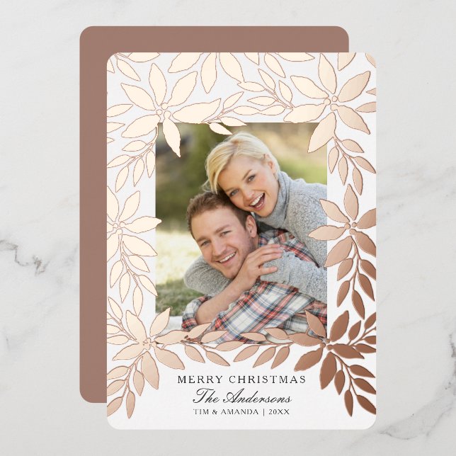 Merry Christmas Rose Gold Poinsettia Foil Card (Front/Back)