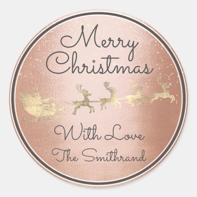 Merry Christmas Rose Gold Santa Reindeer Sleight  Classic Round Sticker (Front)