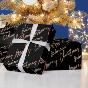 Merry Christmas Rose Gold Script From Name Black  Wrapping Paper