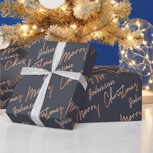Merry Christmas Rose Gold Script From Name Grey  Wrapping Paper (Holidays)