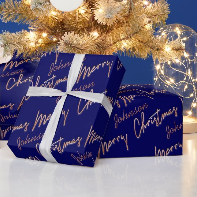 Merry Christmas Rose Gold Script From Name Navy Wrapping Paper (Holidays)