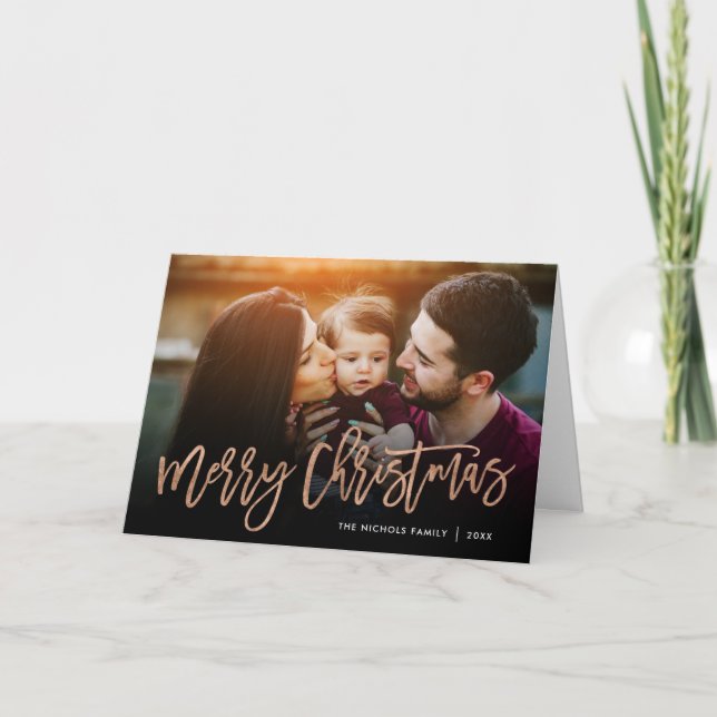 Merry Christmas Rose Gold Script Photo Overlay Holiday Card (Front)