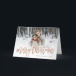 Merry Christmas Rose Gold Script Photo Overlay Holiday Card<br><div class="desc">Affordable custom printed Christmas photo cards with simple templates for customisation. This stylish modern design features faux rose gold foil script Merry Christmas typography overlaid on your full bleed photo. Personalise it with your photos, family name, the year or other custom text. Please note that the faux foil is part...</div>