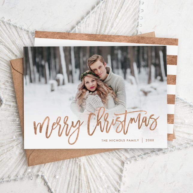 Merry Christmas Rose Gold Script Photo Overlay Holiday Card (Creator Uploaded)