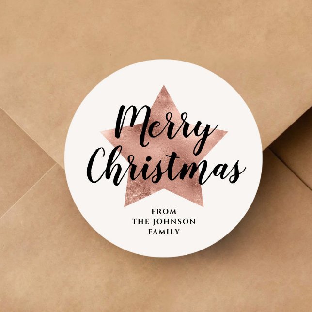Merry Christmas Rose Gold Star Classic Round Sticker (Merry Christmas Rose Gold Star Classic Round Sticker)