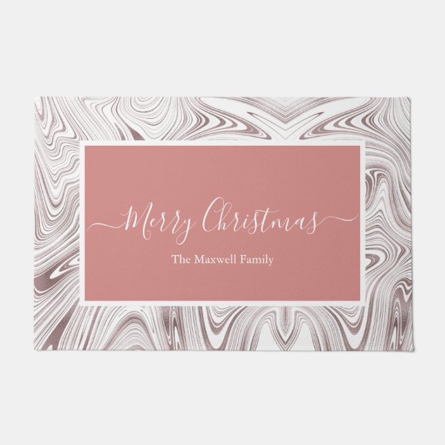 Merry Christmas rose gold swirl family name Doormat (Front)