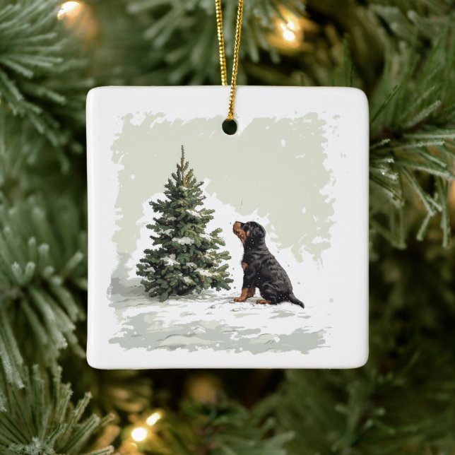 Merry Christmas Rottweiler Dog Christmas Tree Ceramic Ornament (Tree)