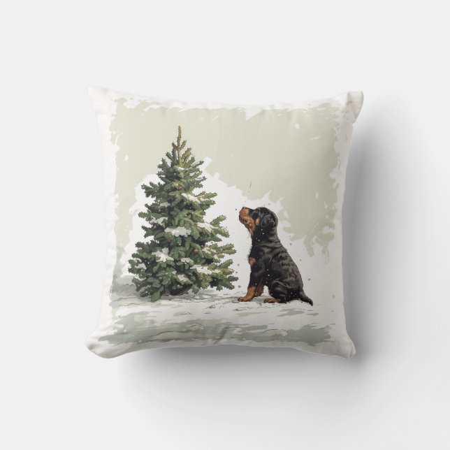 Merry Christmas Rottweiler Dog Christmas Tree Cushion (Front)