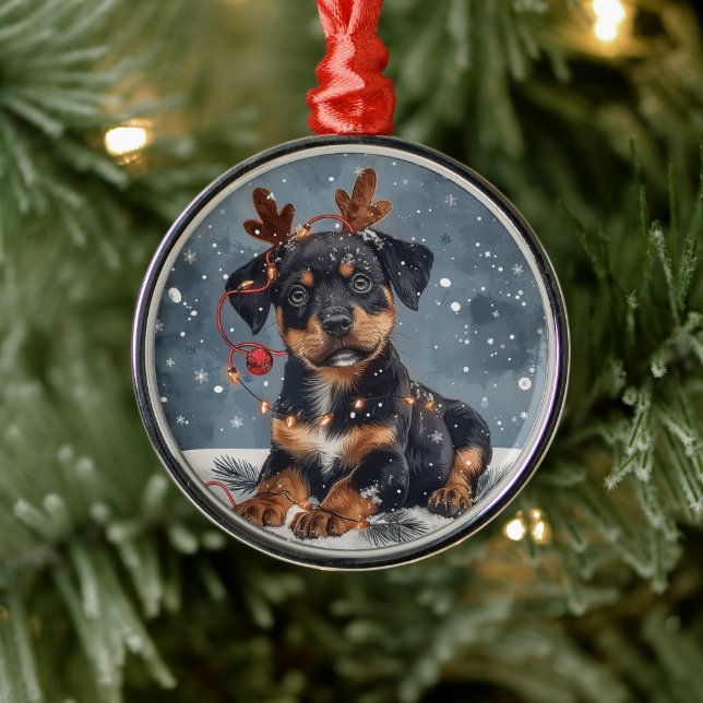 Merry Christmas Rottweiler Dog Reindeer Metal Ornament (Tree)