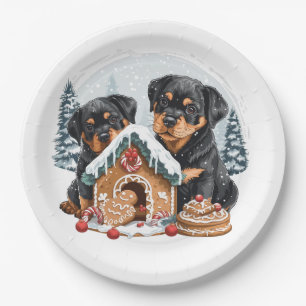 Merry Christmas Rottweiler Dogs Gingerbread House Paper Plate