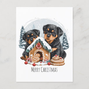 Merry Christmas Rottweiler Dogs Gingerbread House Postcard