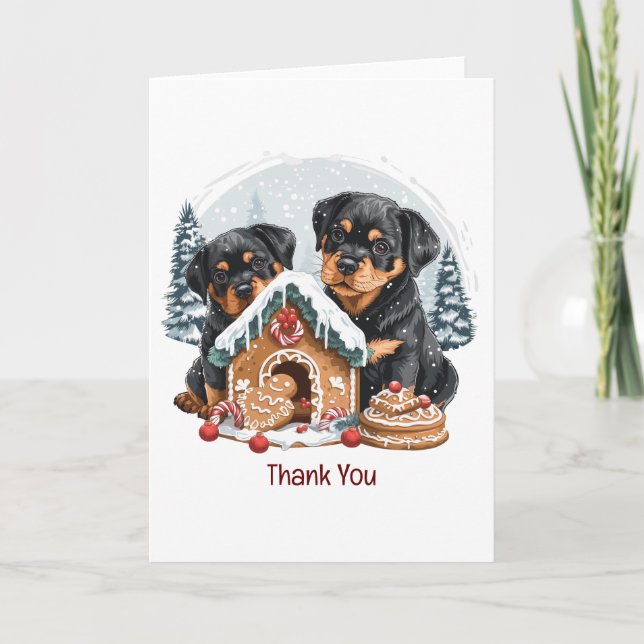 Merry Christmas Rottweiler Dogs Gingerbread House Thank You Card (Front)