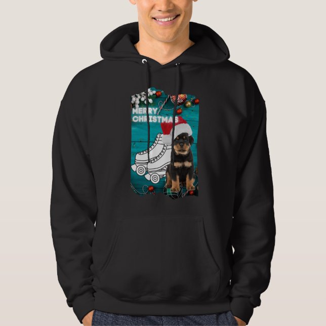 Merry Christmas Rottweiler Puppy With Roller Skate Hoodie (Front)