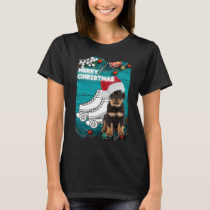 Merry Christmas Rottweiler Puppy With Roller Skate T-Shirt