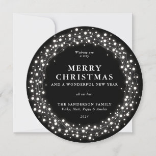 Merry Christmas Round Black Sparkling Lights Holiday Card