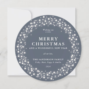 Merry Christmas Round Blue-Grey Sparkling Lights Holiday Card