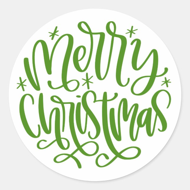 Merry Christmas Round Green Script Stickers (Front)