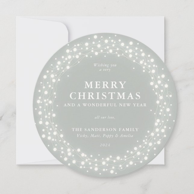 Merry Christmas Round Grey-Green Sparkling Lights Holiday Card (Front)
