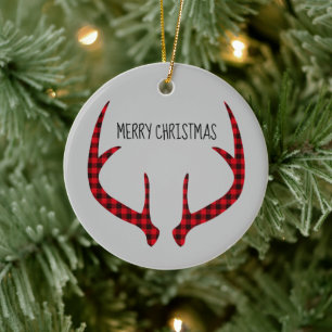 Merry Christmas Round Ornament-Plaid Antlers Ceramic Ornament