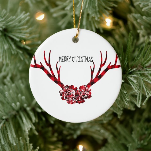Merry Christmas Round Ornament-Plaid Antlers Ceramic Ornament (Tree)