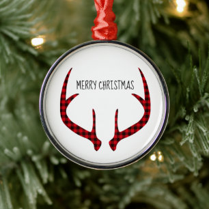 Merry Christmas Round Ornament-Plaid Antlers Metal Ornament