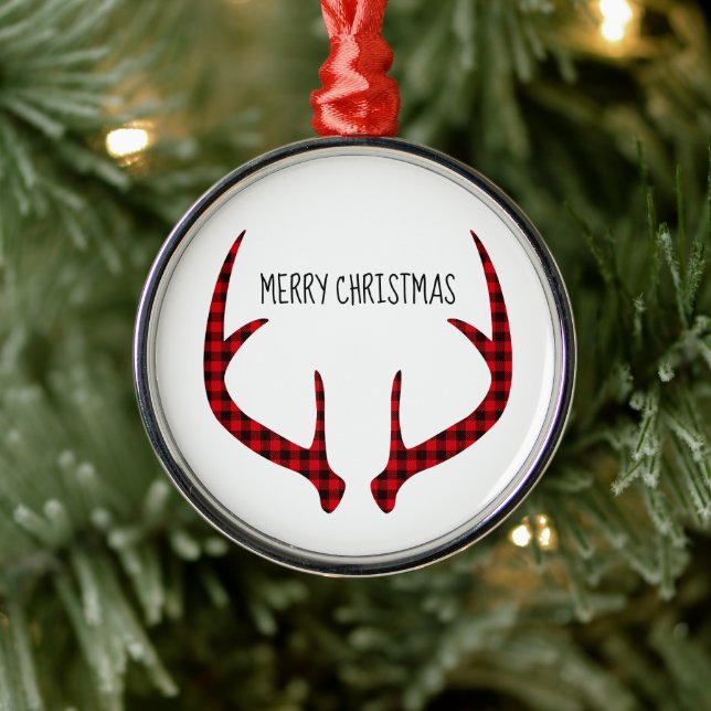 Merry Christmas Round Ornament-Plaid Antlers Metal Ornament (Tree)